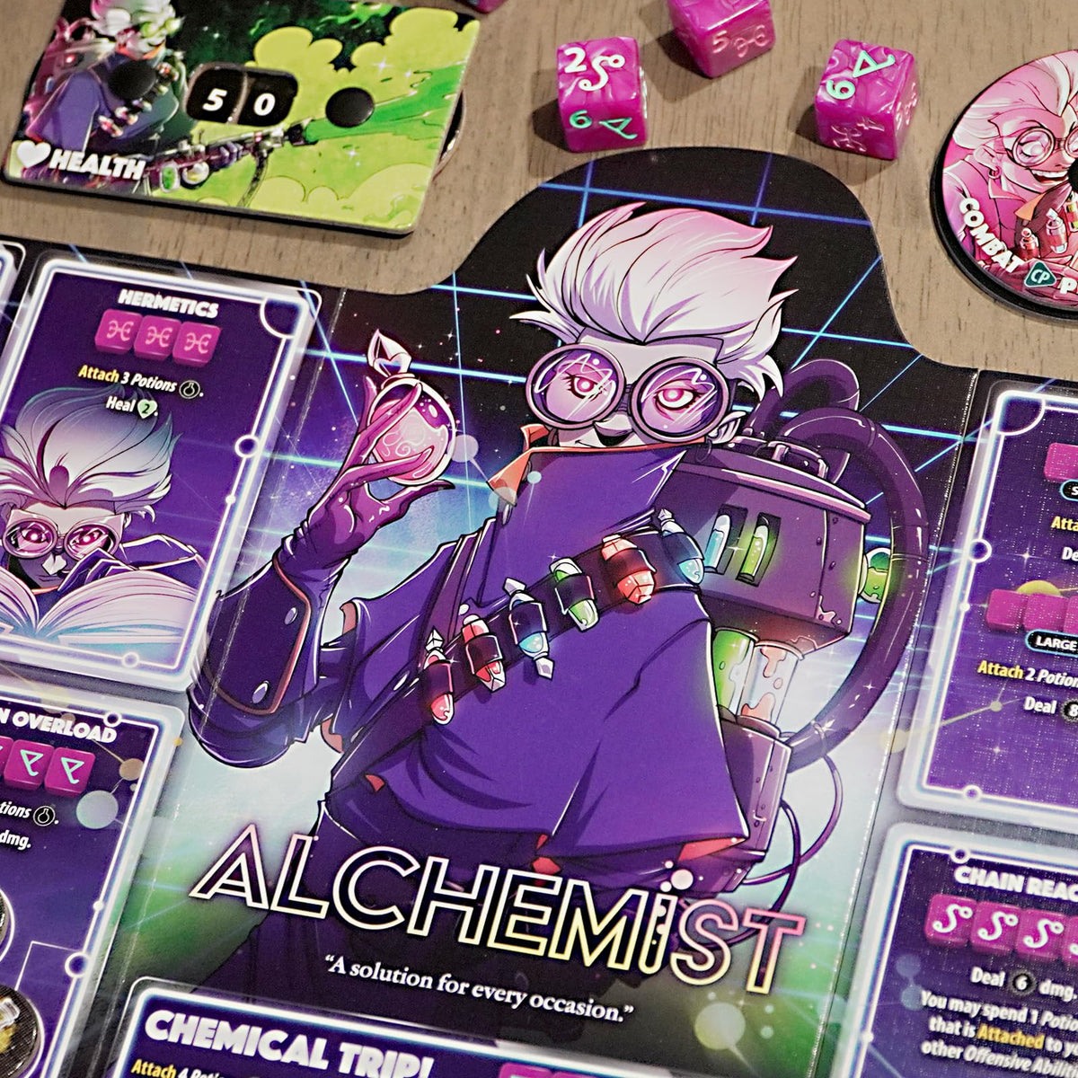 Dice Throne Alchemist Hero Pack box contents ready for table setup.