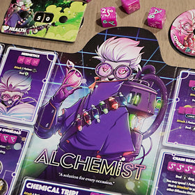 Dice Throne Alchemist Hero Pack box contents ready for table setup.
