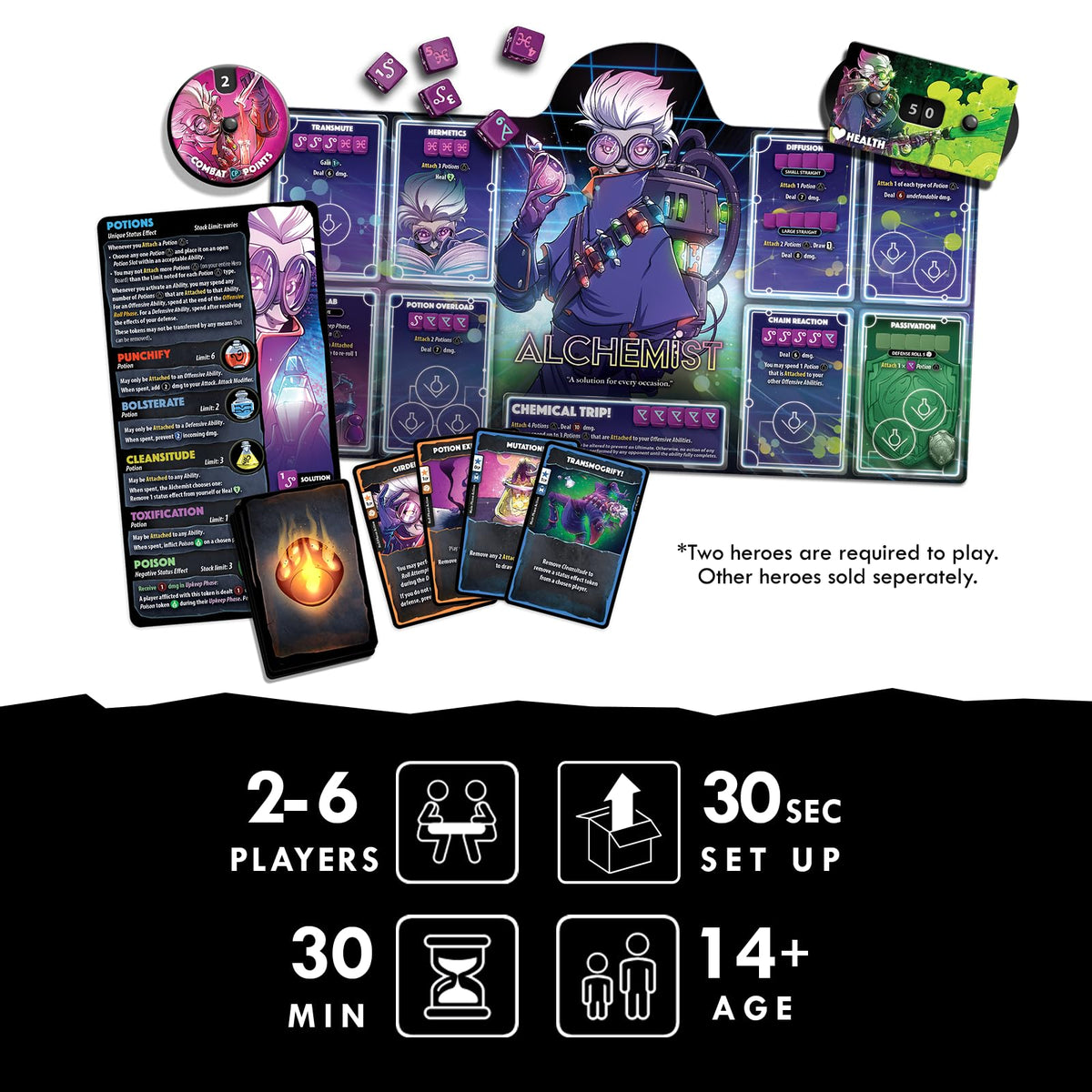 Dice Throne Alchemist Hero Pack cards displaying hero abilities.