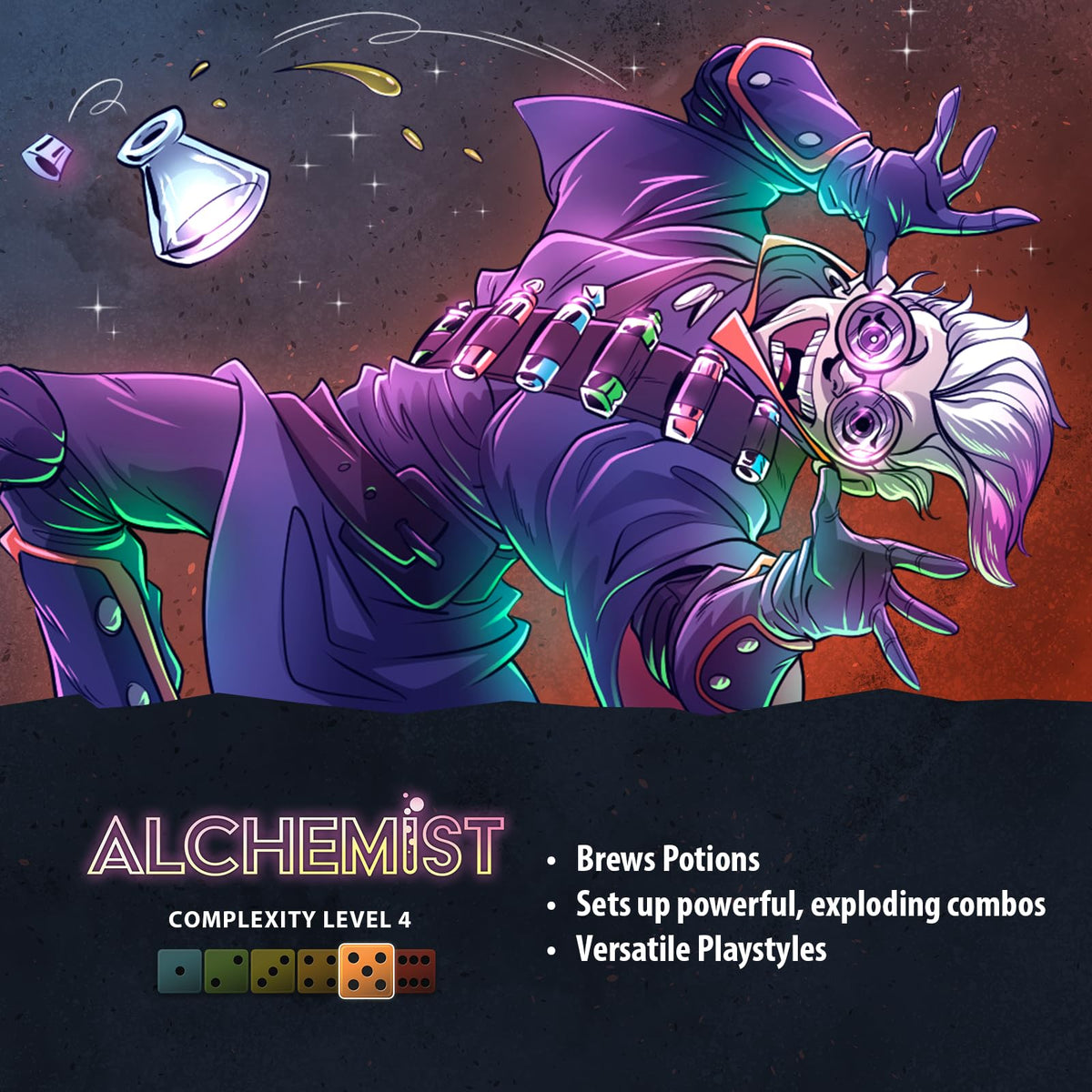 Dice Throne Alchemist Hero Pack duel scene with themed attacks.