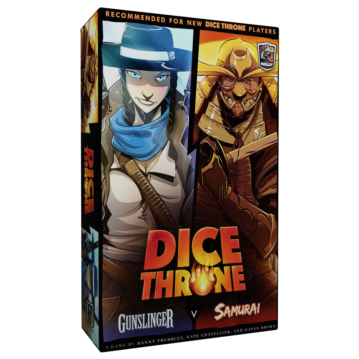 Dice Throne box front showcases the two-hero duel setup for strategic battles