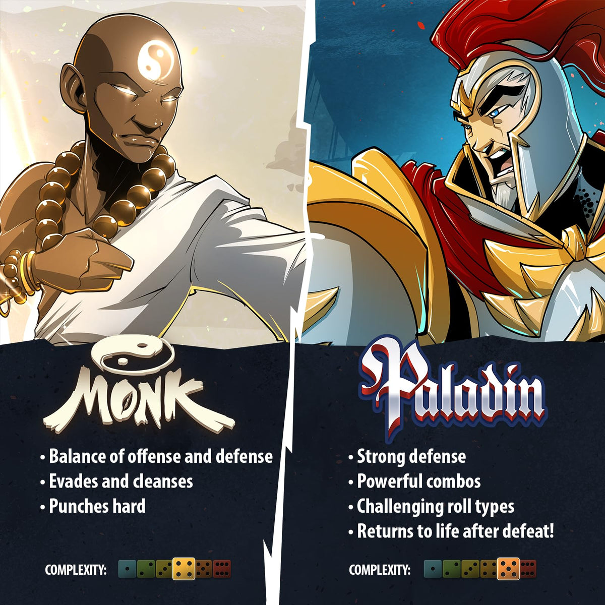 Dice Throne Monk Paladin figures ready for epic duels.