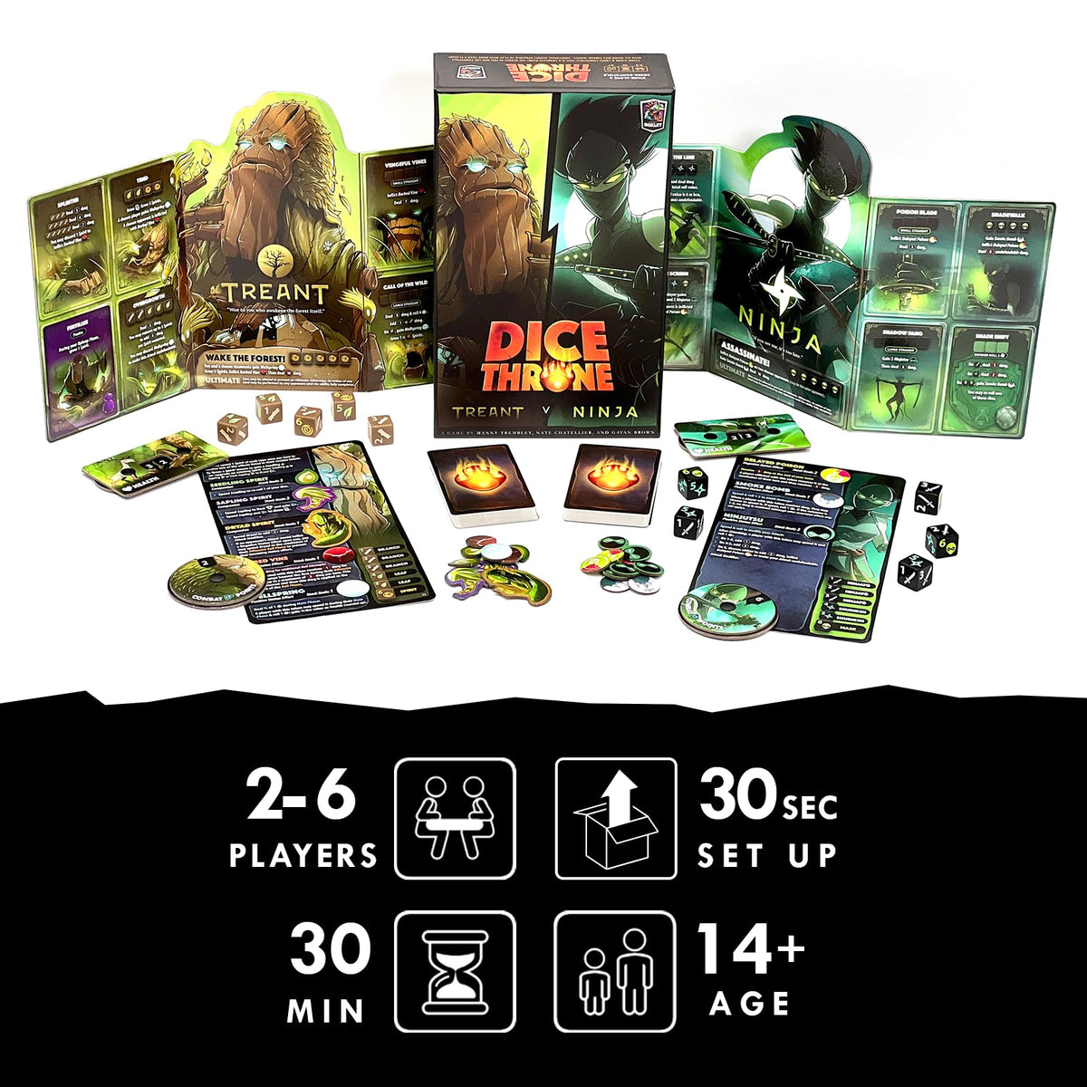 Dice Throne Ninja dice close-up shows dynamic combat potential.