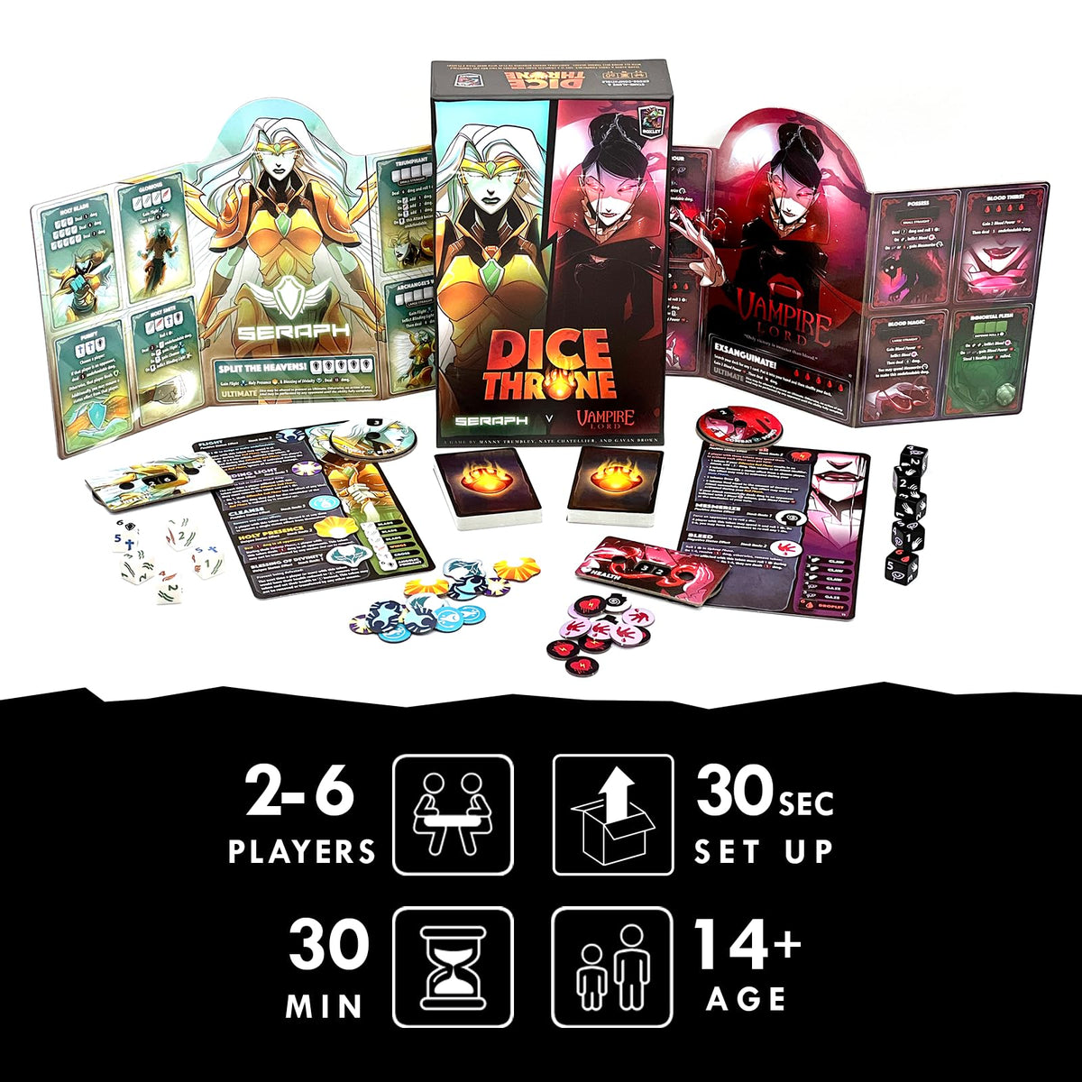 Dice Throne Seraph vs Vampire Lord character tiles enable unique abilities