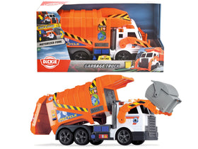 Dickie Toys Action Series garbage truck front view with lights for imaginative play.