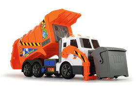Dickie Toys Action Series garbage truck side view shows arm lift for dumping pretend waste.