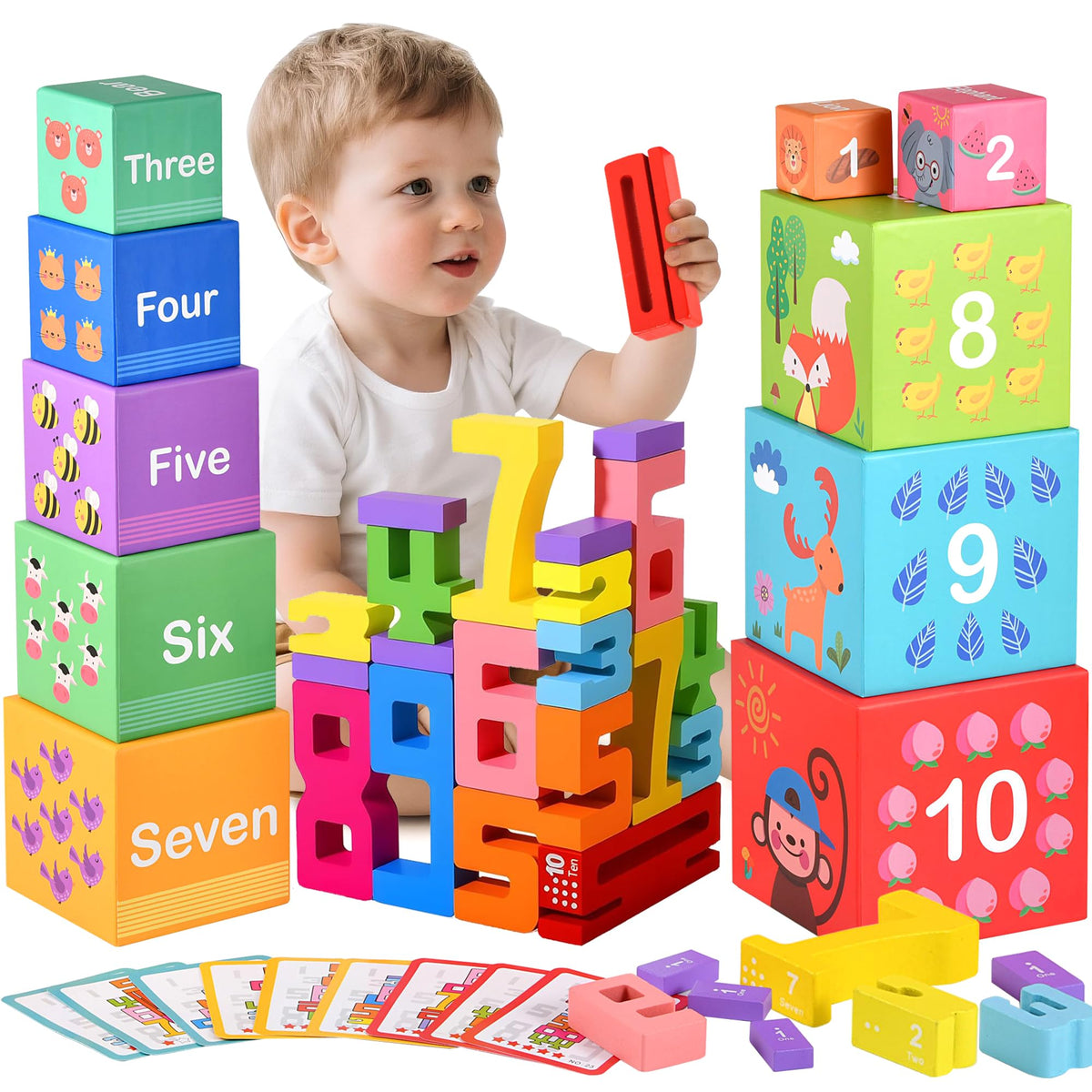 DICROON wooden number blocks tower encourages spatial play and number recognition.
