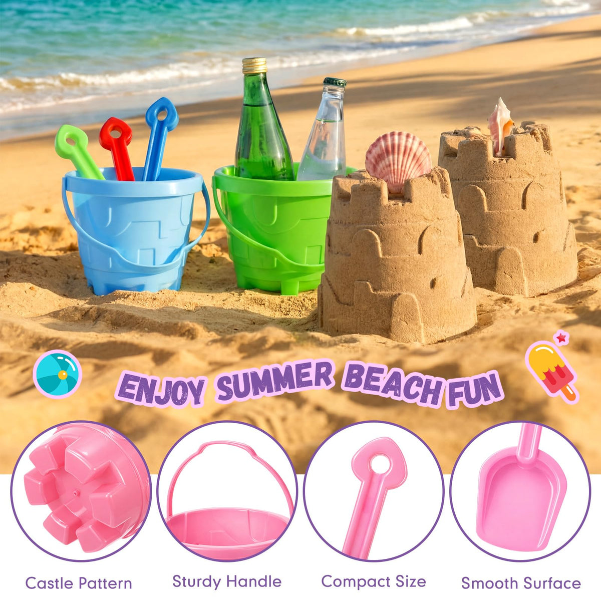 Didaey pink beach bucket with castle design supports cooperative play