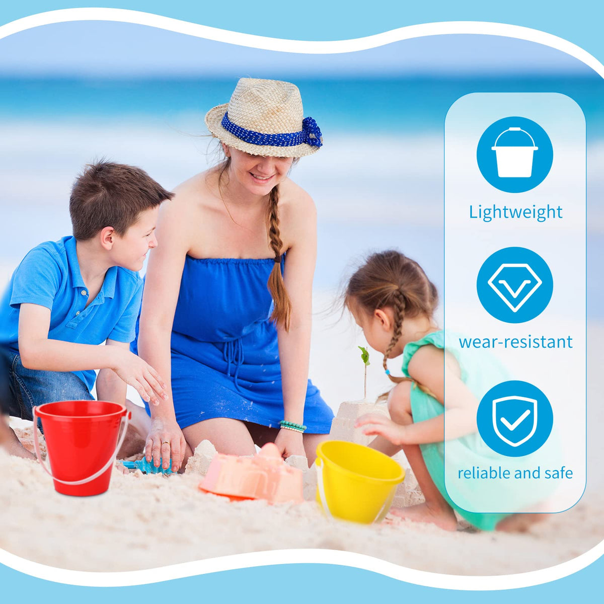 Didaey kids playing sand with bright buckets on the shore.