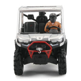 Diecast Masters Can-Am Defender X MR Silver front view highlights rugged tires and stance for display.