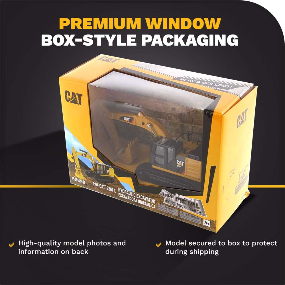 Diecast Masters Caterpillar 320F L excavator cab interior visible through clear windows