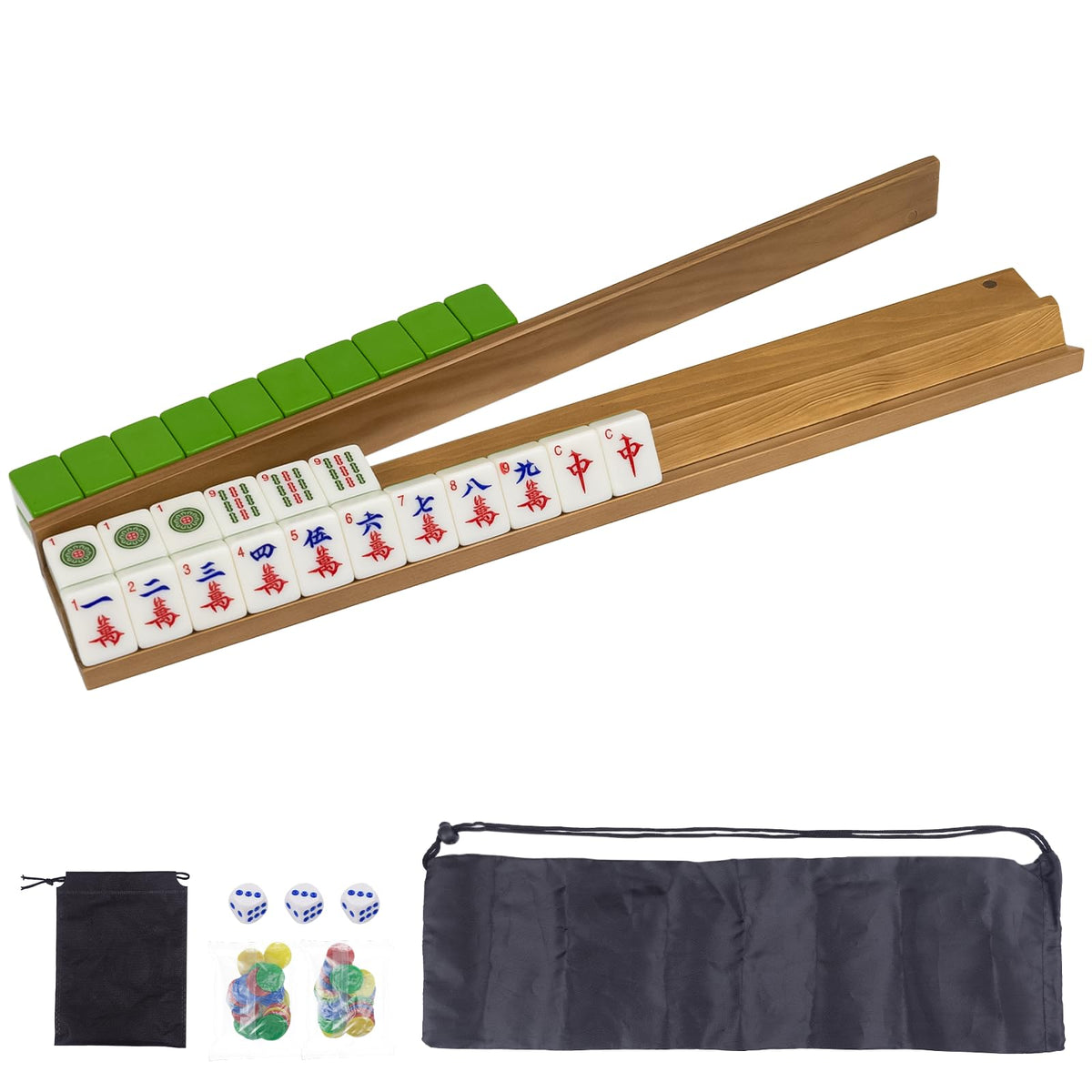 DigNew wooden Mahjong racks neatly organize tiles for easy handling during home games.
