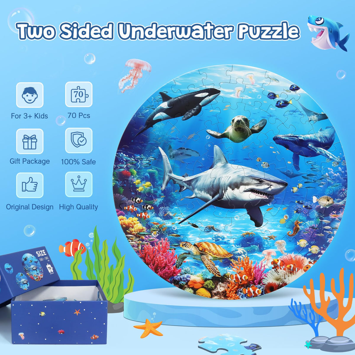 DIGOBAY double-sided underwater puzzle reveals vibrant marine life and science on the back.