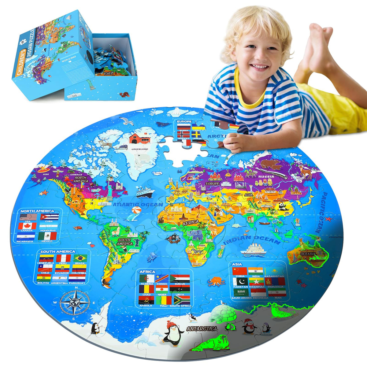 DIGOBAY glow world map puzzle round, engaging geography learning for kids.
