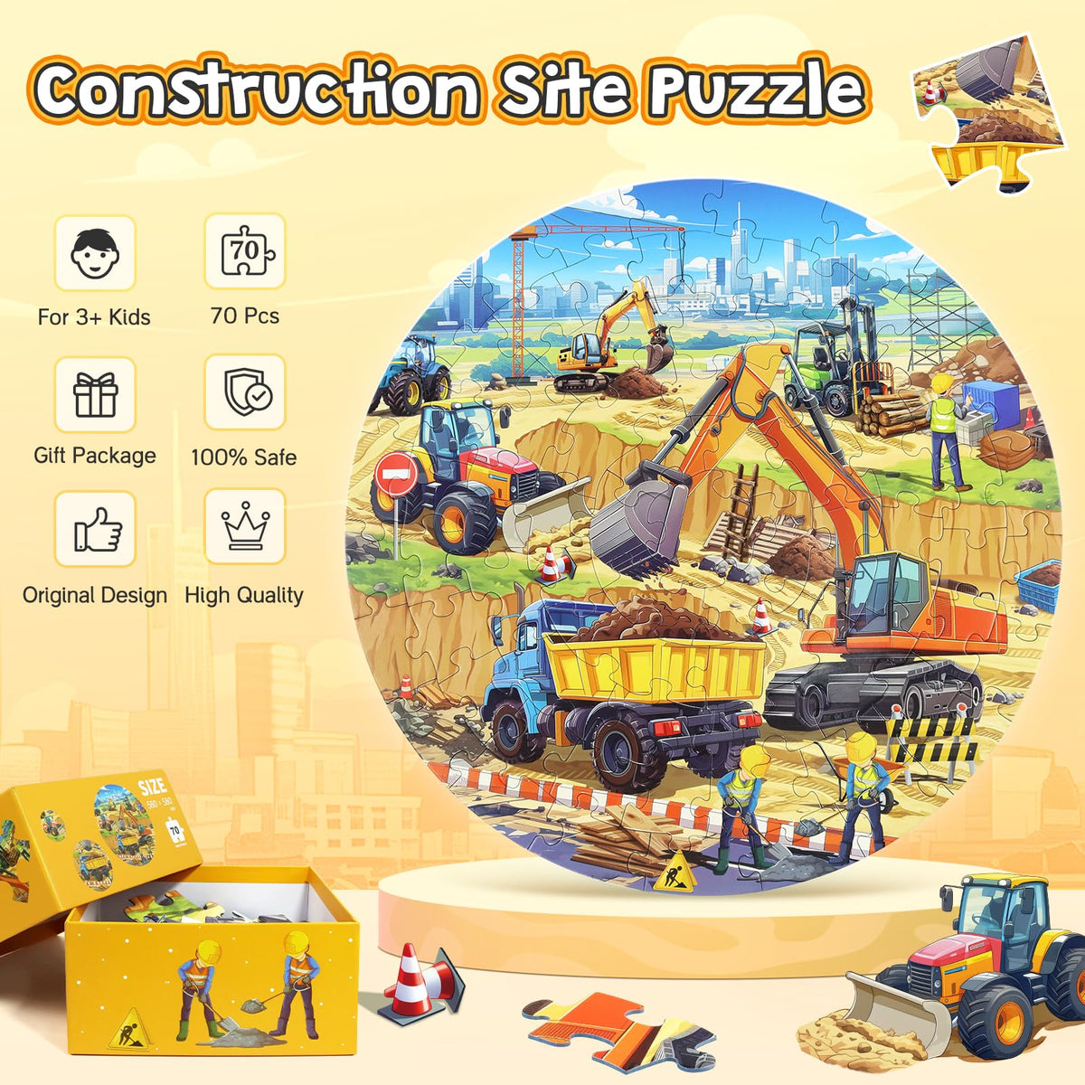 DIGOBAY round floor puzzle showing bulldozer scene promoting imaginative play.