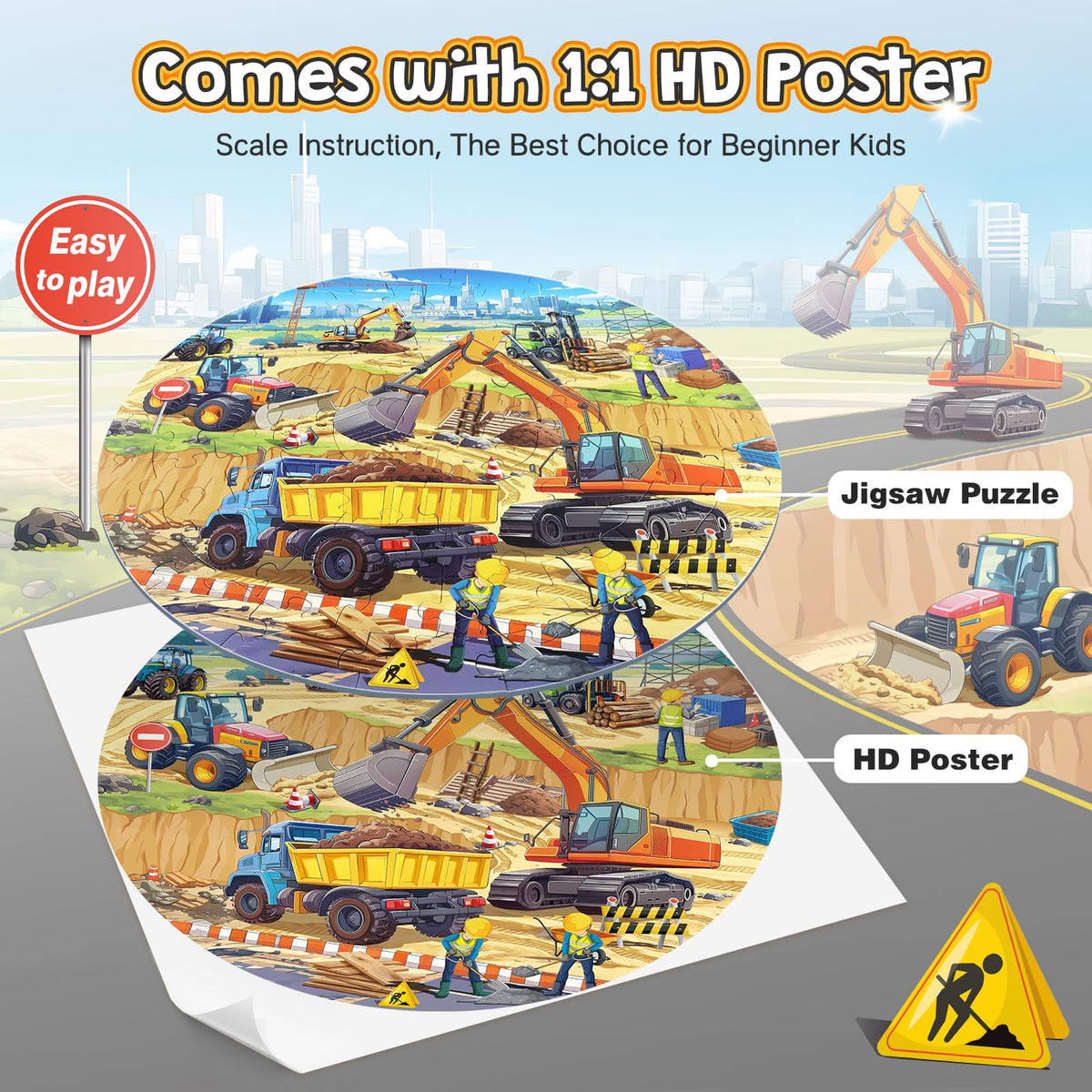 DIGOBAY construction vehicle puzzle set highlighting bright colors and pattern recognition.