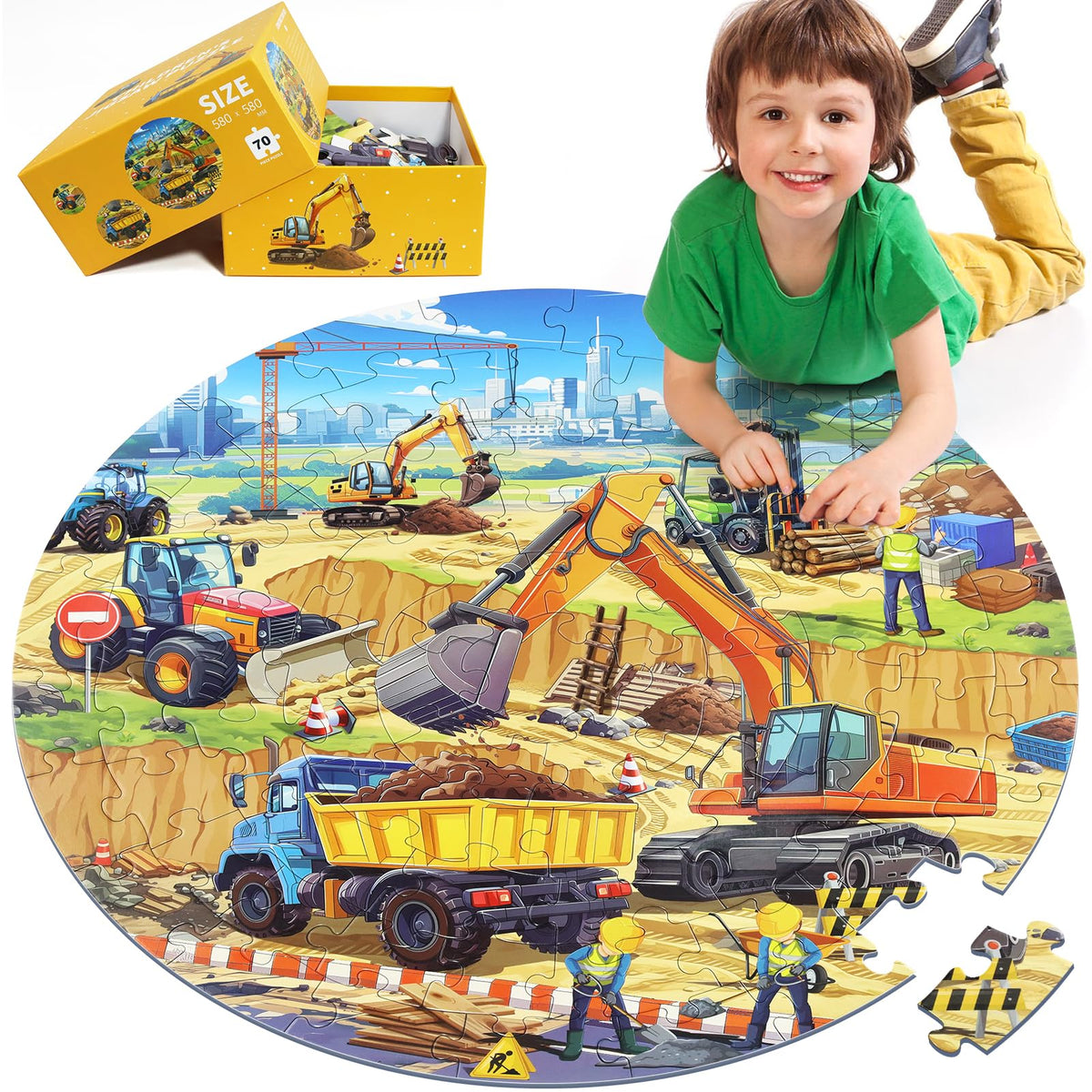 DIGOBAY round floor puzzle with excavator scene for hands-on learning.