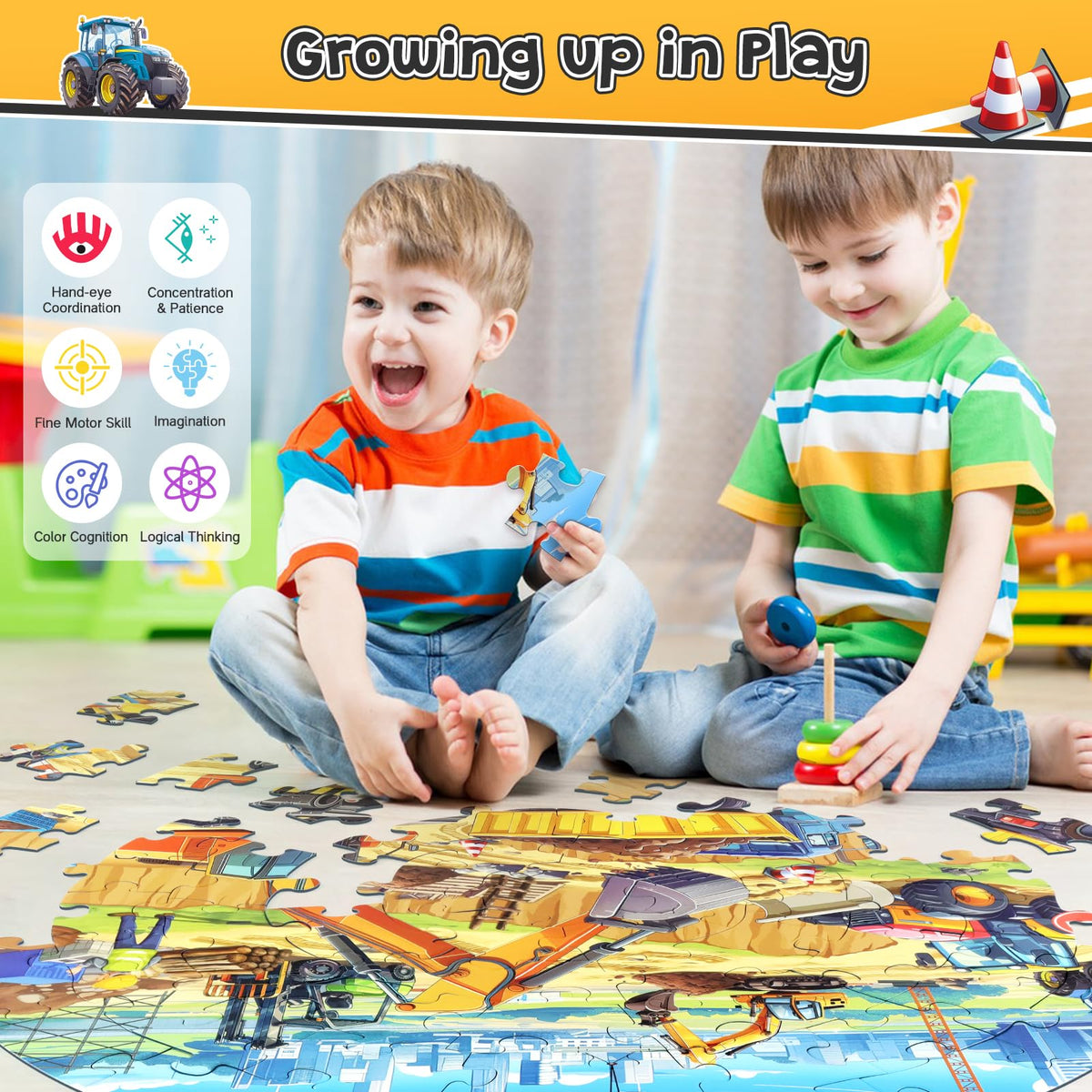 DIGOBAY round floor puzzle featuring forklift action for fine motor practice.