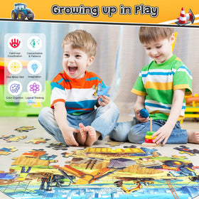 DIGOBAY round floor puzzle featuring forklift action for fine motor practice.