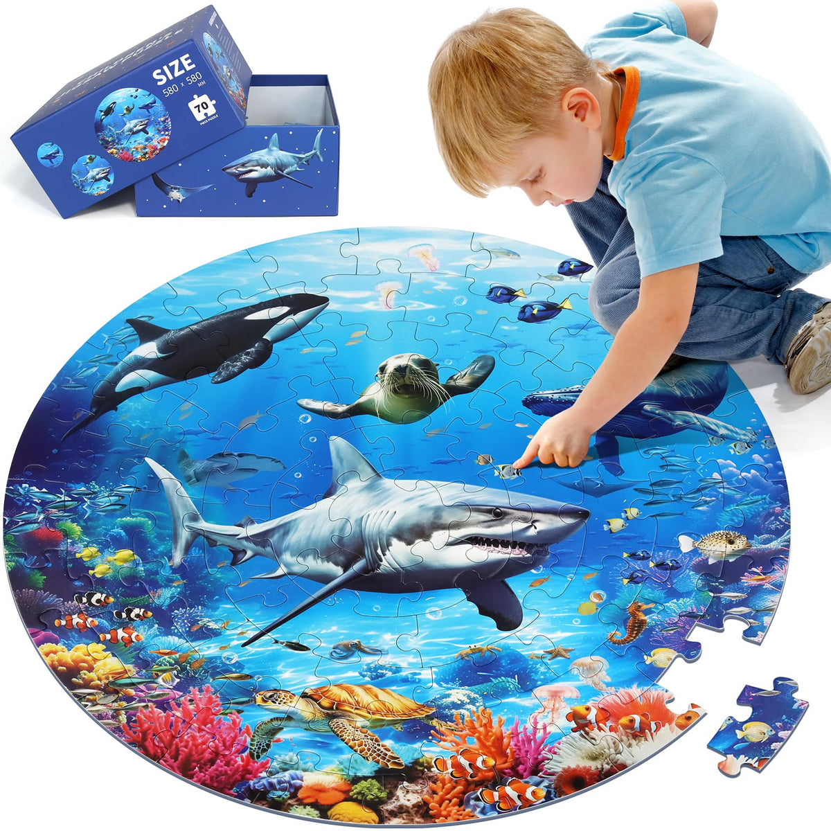 DIGOBAY round underwater puzzle shows a shark scene, boosting imaginative play and focus.