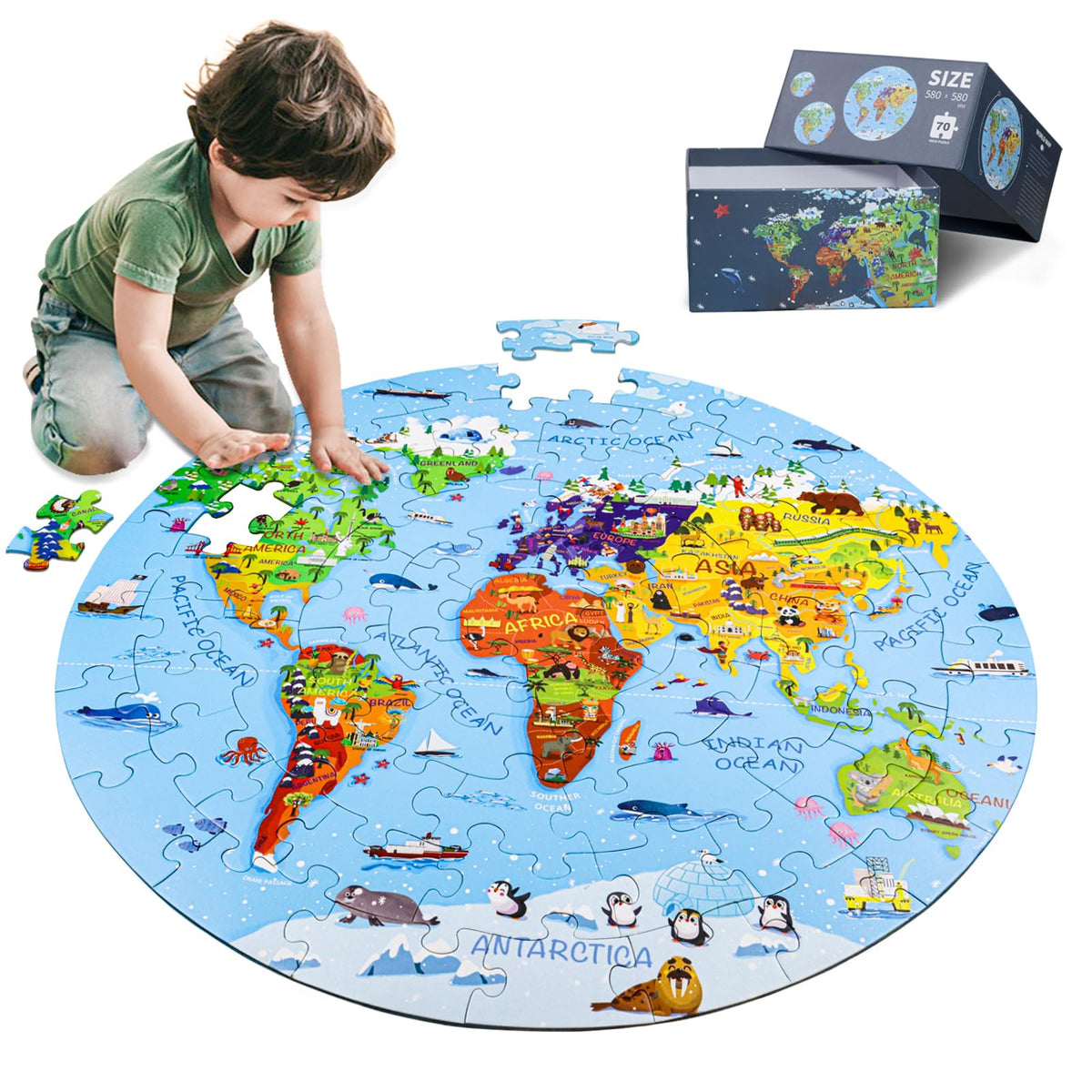 DIGOBAY world map puzzle cover shows vibrant continents for curious kids.