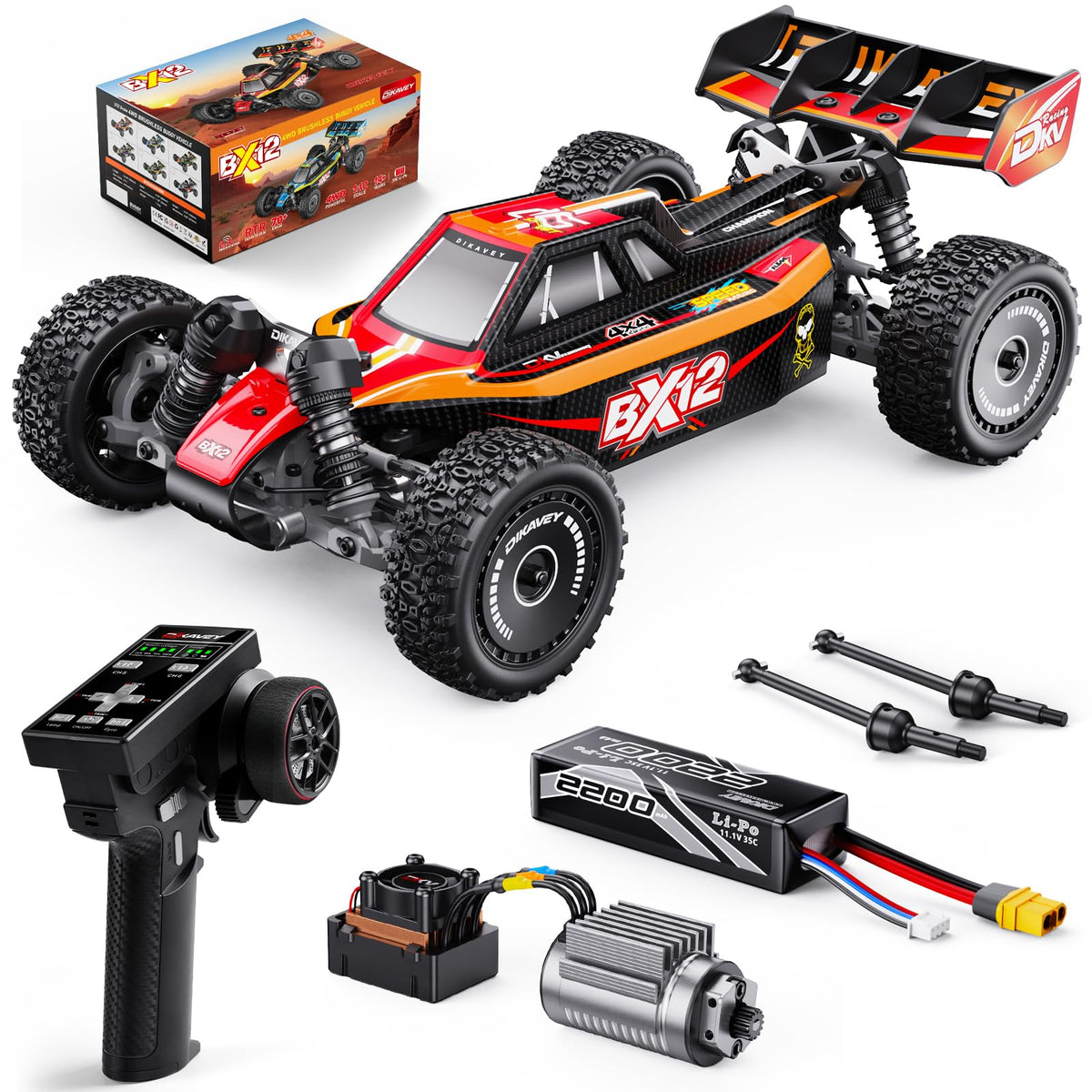 DIKAVEY 1/12 brushless RC car front view showing rugged body for off‑road fun
