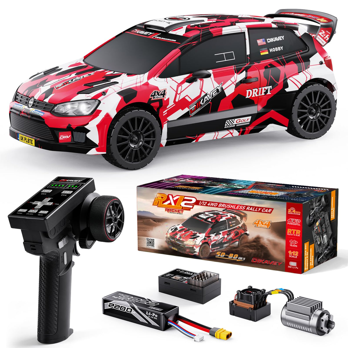 DIKAVEY 1:12 RC rally car front view showing aerodynamic design for speed