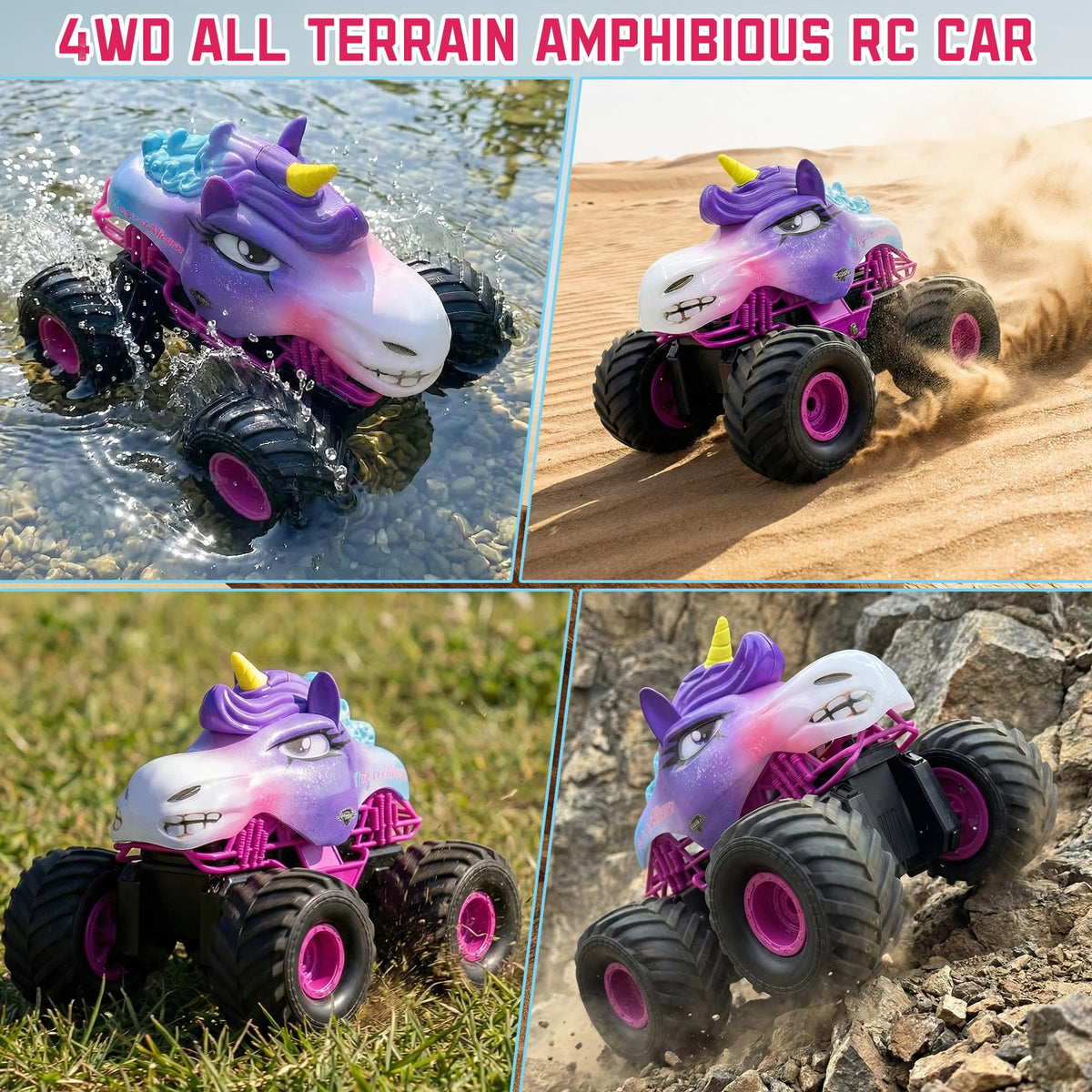 Dillaylamou Unicorn RC Car front view with LED accents for exciting outdoor adventures.