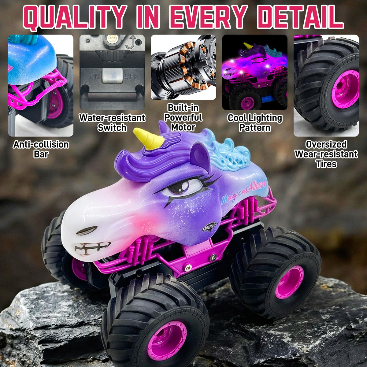 Dillaylamou Unicorn RC Car LED light show highlights nighttime visibility and fun.