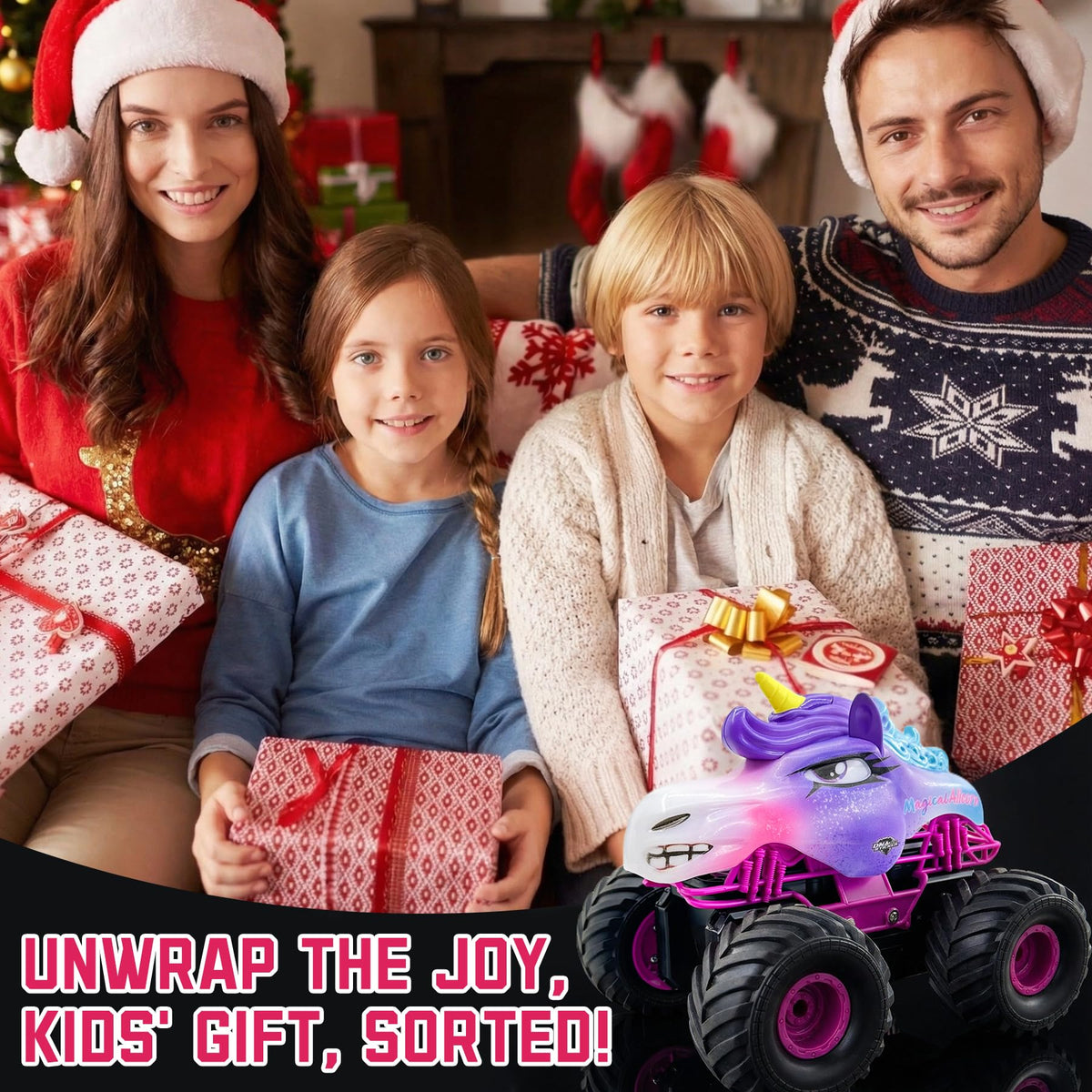 Dillaylamou Unicorn RC Car in packaging image suggests gift-worthy presentation for birthdays.
