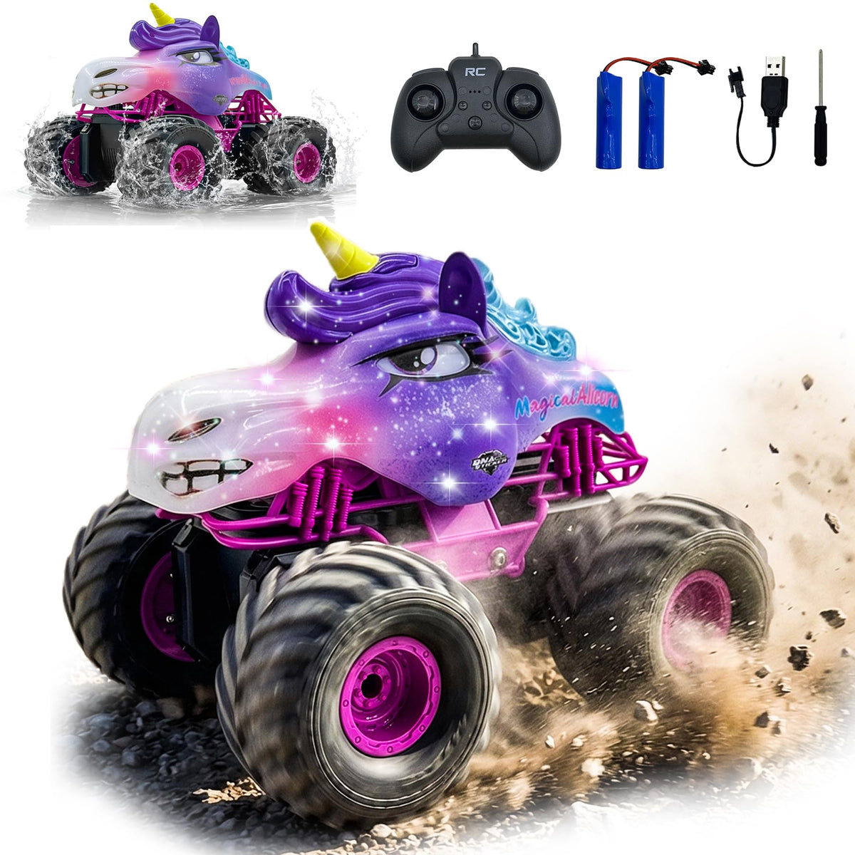 Dillaylamou Unicorn RC Car side view highlighting compact scale and vibrant design for indoor play.