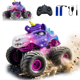 Dillaylamou Unicorn RC Car side view highlighting compact scale and vibrant design for indoor play.