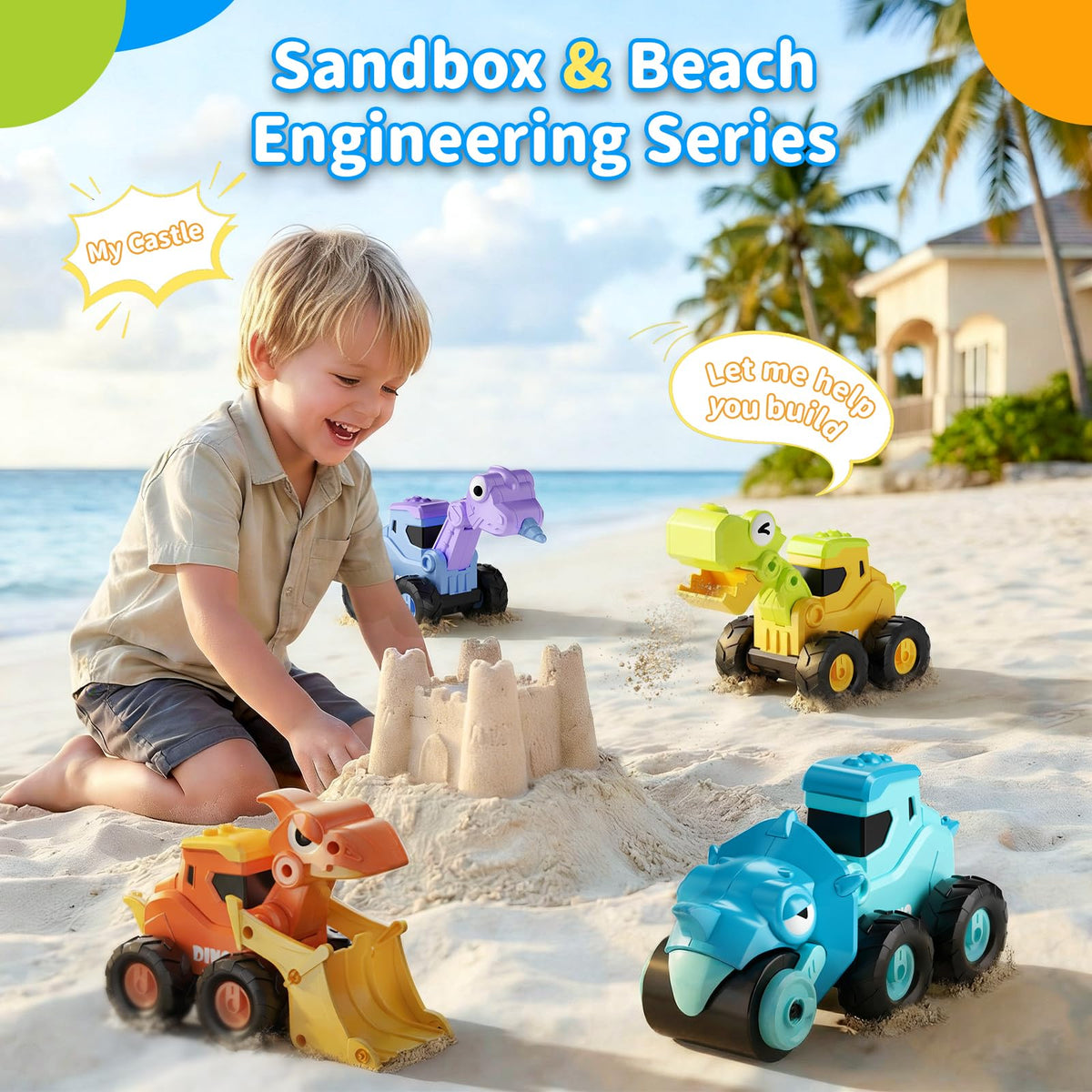 Dimoarch sandbox adventure shows kid-friendly trucks ready for tactile exploration.