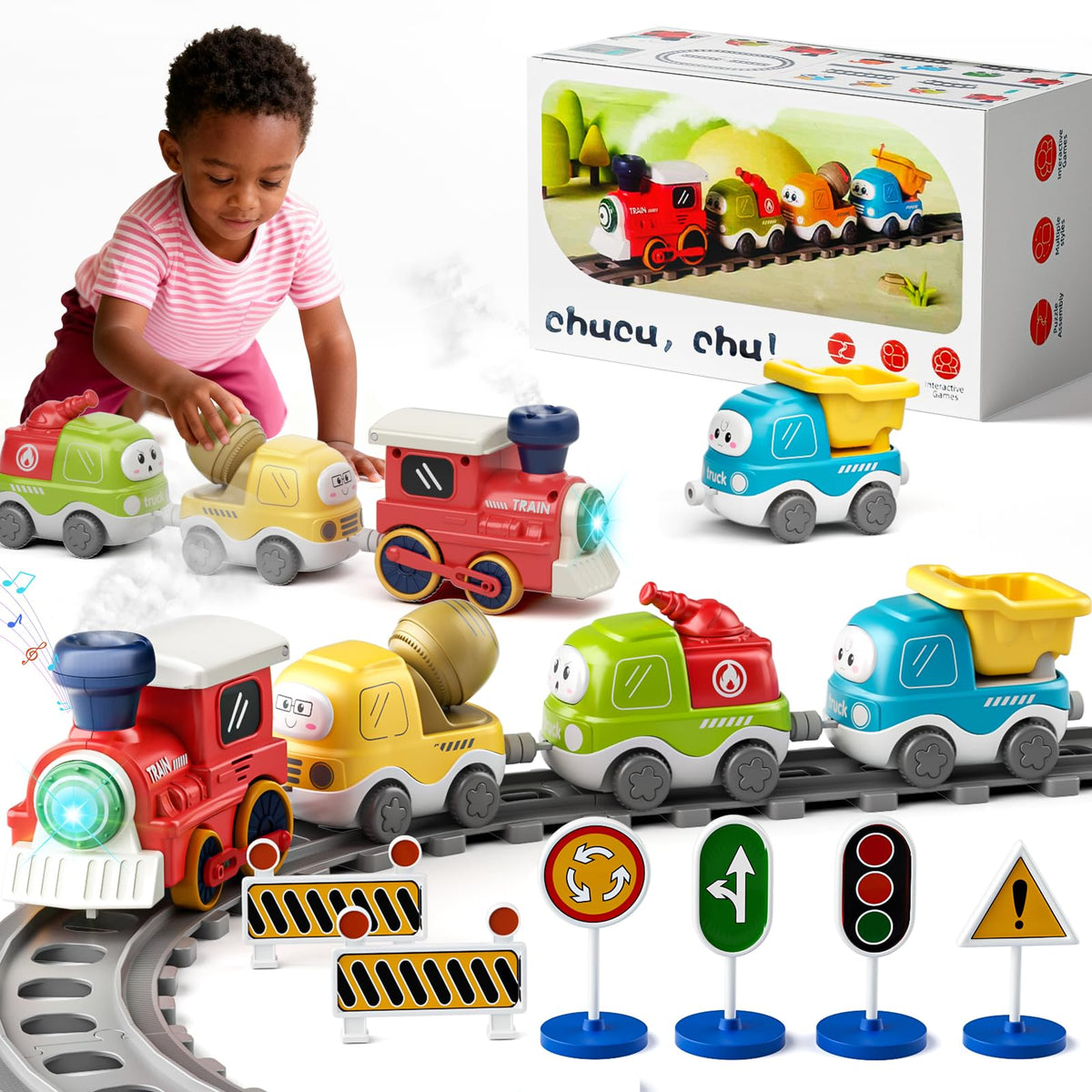 Dimoarch electric train set with fire truck visual focus promotes imaginative play and safety awareness.