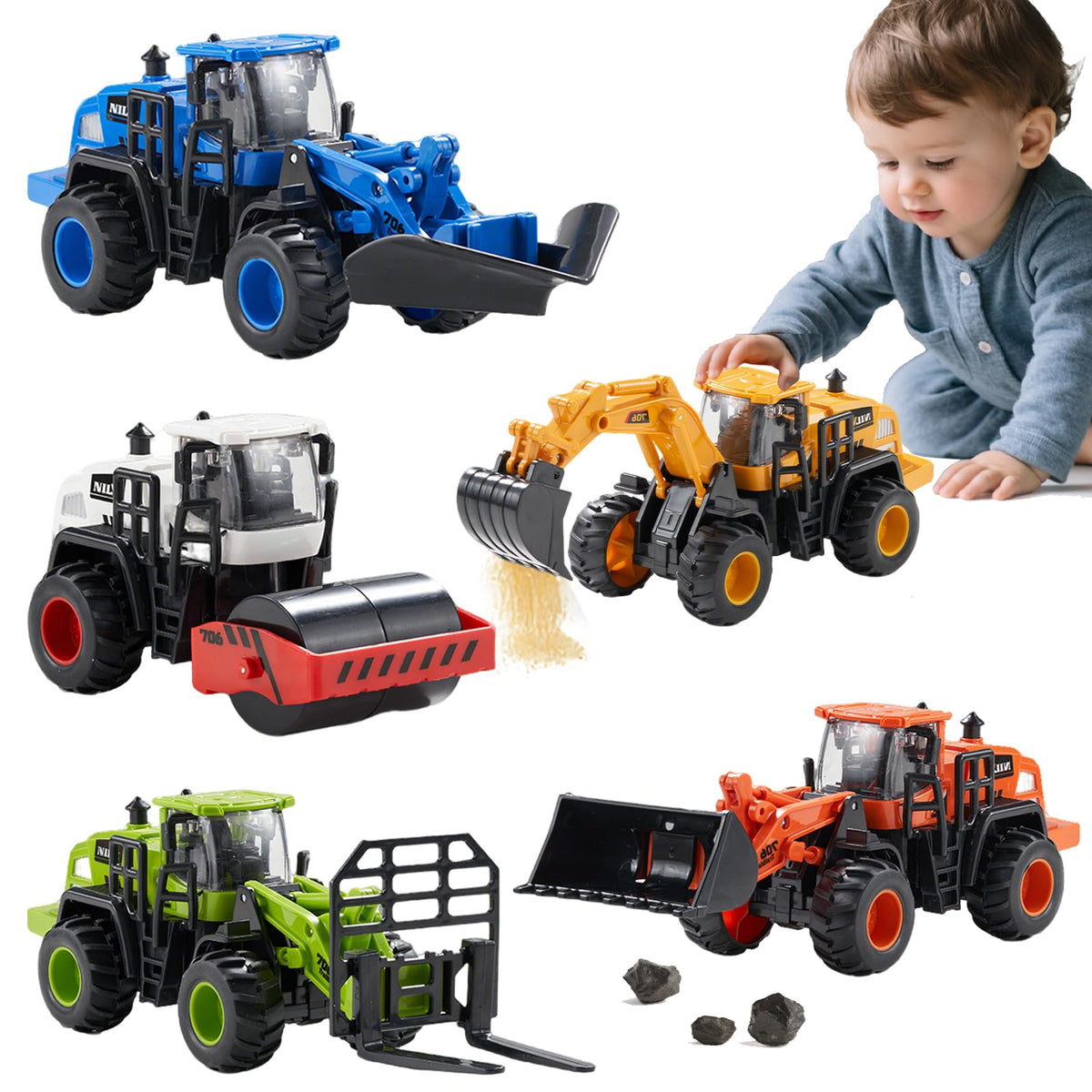 Dimoarch excavator toy truck with movable arms for imaginative digging and motor-skill practice.