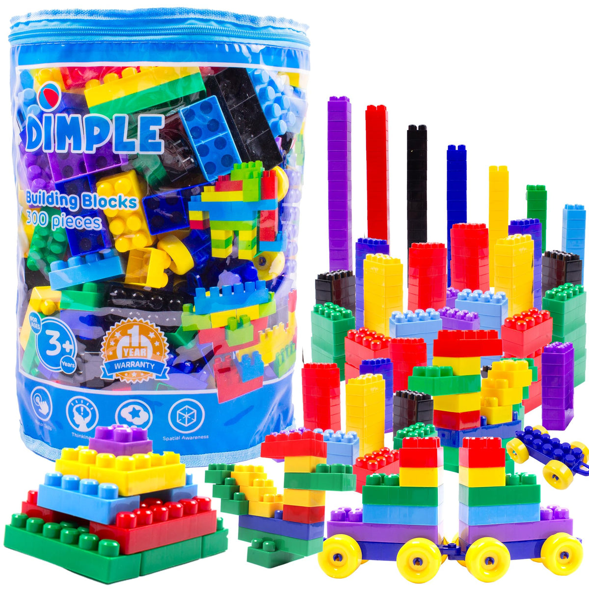 Dimple 300-piece blocks boost fine motor skills and creativity for toddlers.