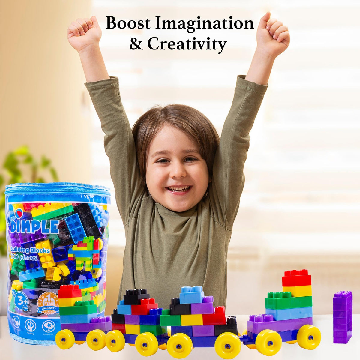 Dimple interlocking pieces support STEM-style construction and problem solving.