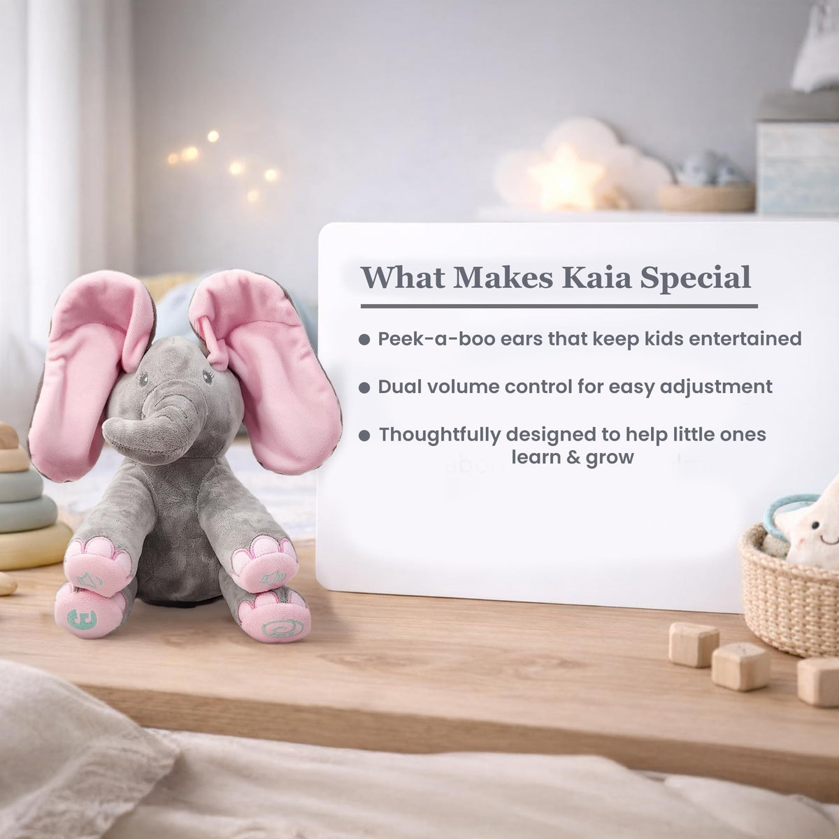 Dimple Kaia Peek A Boo Elephant Toy left-foot peek reveals Kaia's eyes for delight