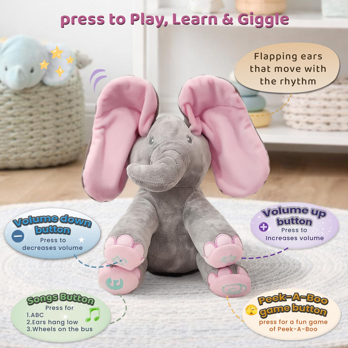 Dimple Kaia Peek A Boo Elephant Toy right-foot mode plays ABC and Wheels songs