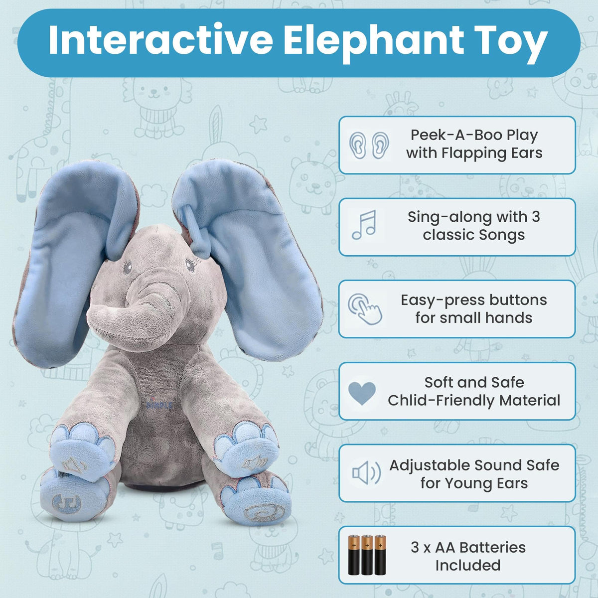 Kyle’s smiling blue plush elephant inviting cuddle time
