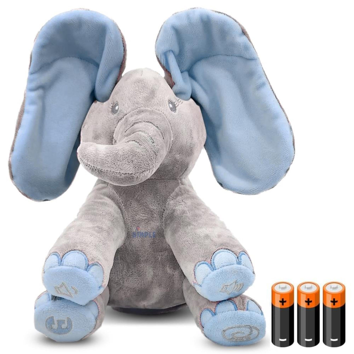 Dimple Kyle elephant plush face close-up, friendly design for newborns