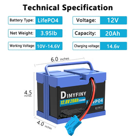Dimyfiny 12V LiFePO4 battery side view for ride-on toy.
