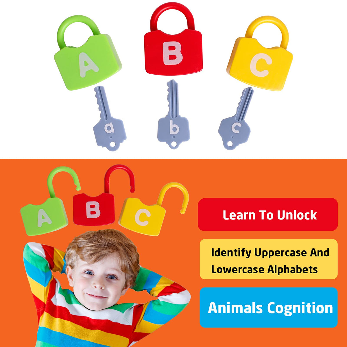 Dinhon Color Alphabet Keys shown with locks to reinforce letter matching