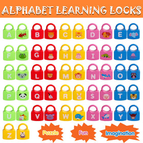 Dinhon child opening a lock with a key to learn letters