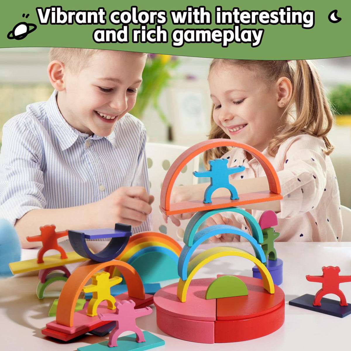 Dinhon rectangular rainbow blocks sharpen spatial awareness during building challenges.
