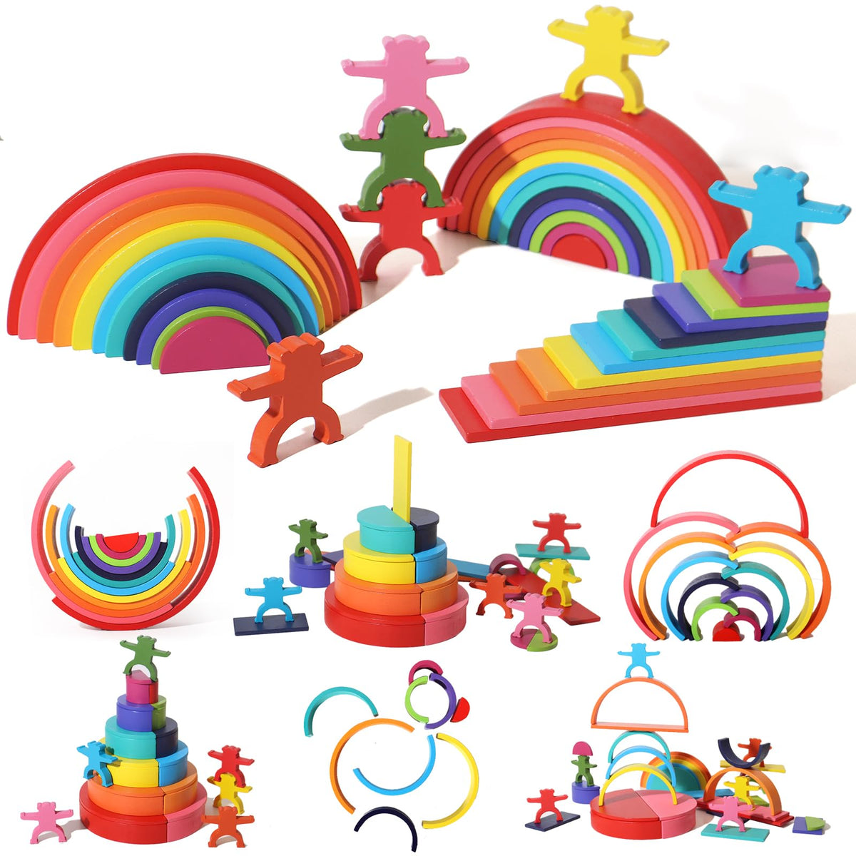 Dinhon semicircular rainbow blocks support fine motor skills through balanced arrangements.