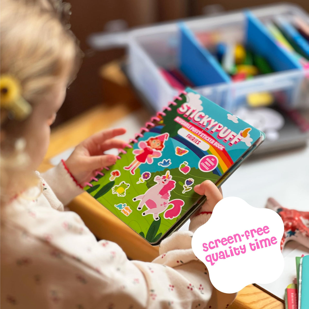 DINO MINI Stickypuff helps develop fine motor skills through sticker play.