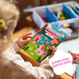 DINO MINI Stickypuff helps develop fine motor skills through sticker play.