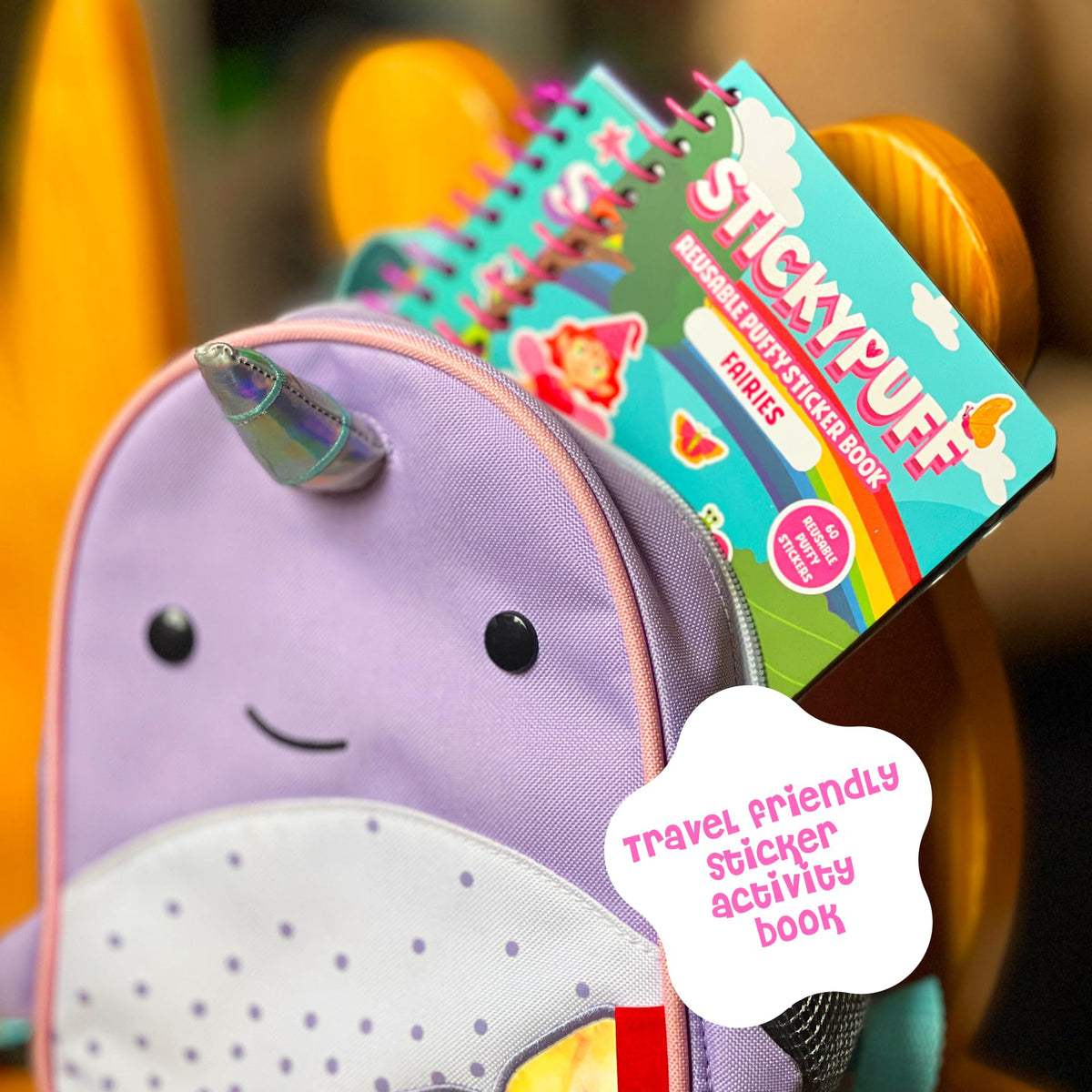 DINO MINI Stickypuff for road trips and quiet time, mess-free fun.