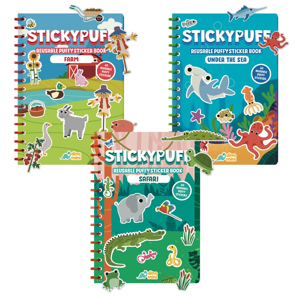 DINO MINI Stickypuff value pack featuring 3 reusable animal sticker books for hands-on play